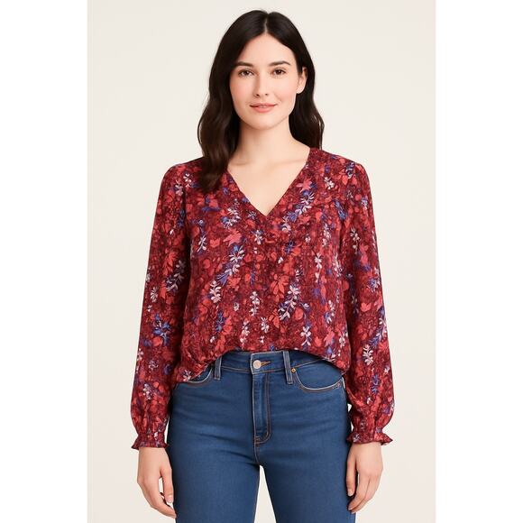 A New Day Womens Size Medium Blouse Lightweight Floral Long Sleeve Ruffles Top - Picture 1 of 15